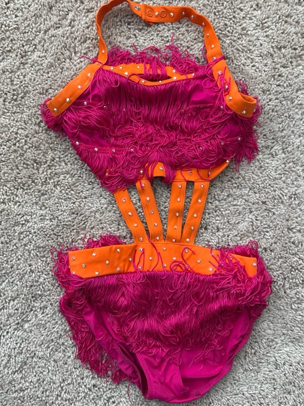 Weissman Girls Fringe One-Piece dance costume  in Fuchsia and Orange